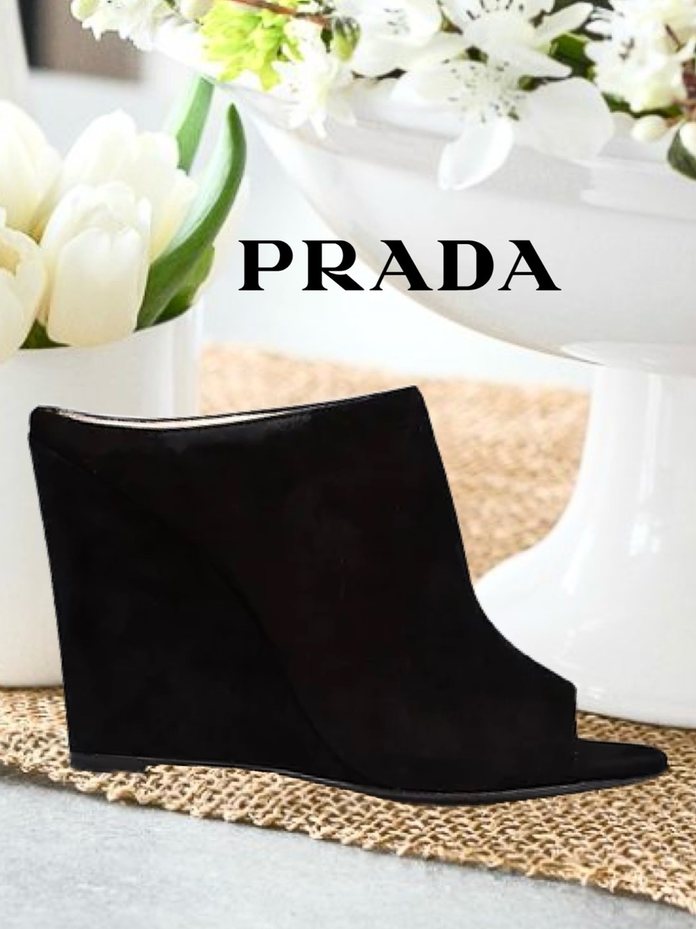AUTHENTIC PRADA PEEP TOE WEDGE MULES